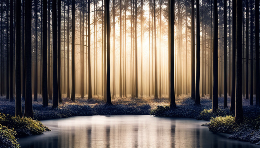 An image showcasing a serene forest scene, with rays of sunlight filtering through towering pine trees, as the misty aroma of pine essential oil fills the air, evoking a sense of relaxation and rejuvenation