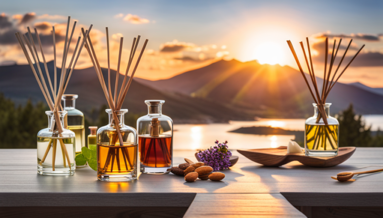 An image featuring an elegant glass reed diffuser set on a wooden table, surrounded by an array of carrier oils like sweet almond, jojoba, and coconut