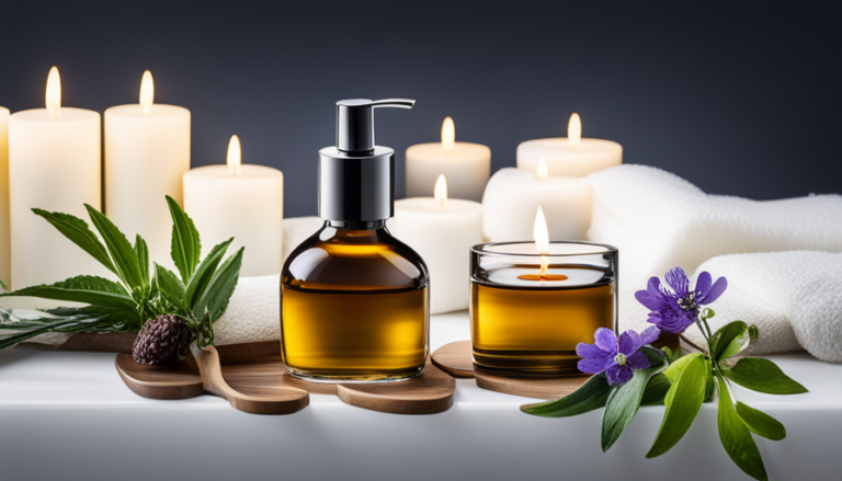 An image showcasing the versatility of cajeput essential oil; a serene bathroom scene with a steaming bath, flickering candles, and a bottle of cajeput oil prominently displayed, exuding a soothing ambiance