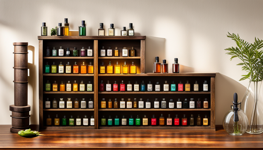 An image of a rustic wooden shelf adorned with a variety of glass bottles filled with vibrant extracts and essential oils