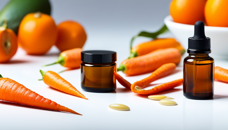 An image showcasing the vibrant orange hue of carrot seed essential oil mixed with natural ingredients like avocado, honey, and aloe vera