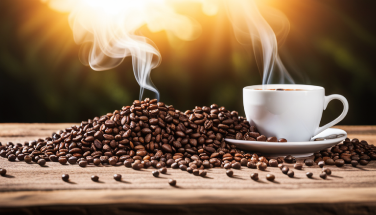 An image capturing the invigorating essence of coffee essential oil: A close-up shot of a steaming cup of black coffee, surrounded by aromatic coffee beans, exuding rich, earthy tones that awaken the senses