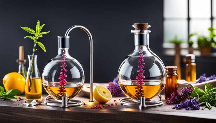 An image showcasing a homemade essential oil distiller in action: a glass flask filled with aromatic plant material gently simmering over a heat source, while the resulting vapor collects in a coiled condenser