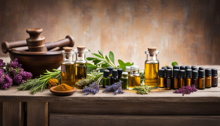 An image showcasing a rustic wooden table adorned with a collection of various essential oils, dried herbs, and a mortar and pestle, illustrating the process of creating a DIY purification essential oil blend