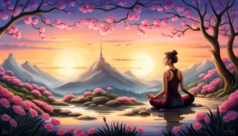 An image showcasing the versatility of Dragon Time essential oil: a serene, moonlit garden with a peaceful woman practicing yoga, surrounded by blooming flowers, soothing aromas, and a sense of tranquility