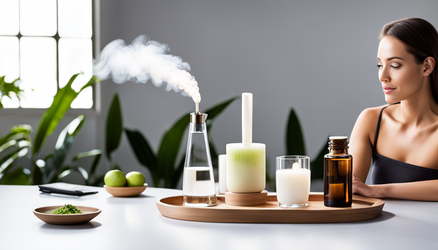 An image showcasing the versatility of Endoflex essential oil in various settings: a serene spa with a diffuser, a vibrant gym with energized individuals, and a cozy home office with an infused candle