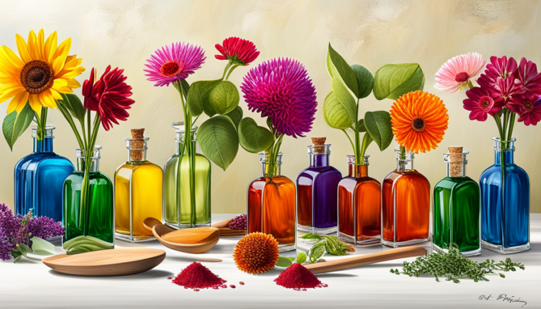 An image showcasing a variety of colorful glass bottles filled with aromatic essential oil blends