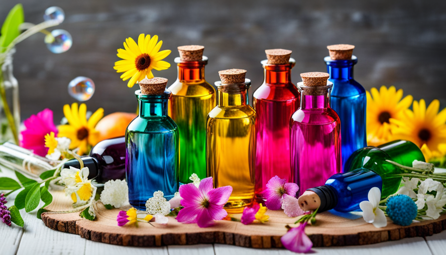 An image showcasing an array of colorful glass bottles filled with fragrant essential oil blends, surrounded by luscious botanicals and delicate soap bubbles, evoking a sense of relaxation and rejuvenation for your DIY body wash recipes blog post