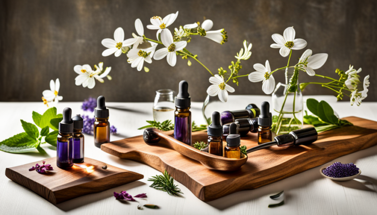 An image showcasing an assortment of vibrant essential oils, elegantly arranged on a wooden tray alongside fresh botanicals and delicate glass droppers, evoking a sense of natural beauty and the art of crafting nourishing recipes for healthy, glowing skin