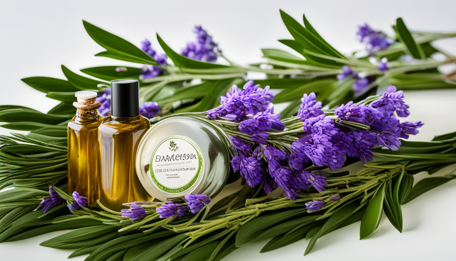 An image showcasing a clear glass bottle filled with a vibrant homemade shampoo infused with essential oils, surrounded by fresh lavender, rosemary, and peppermint leaves, evoking a sense of natural beauty and relaxation