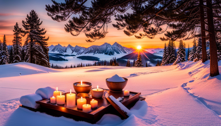 An image of a serene spa setting, with a tray of Frankincense essential oil-infused bath salts, a flickering candle, and a refreshing glass of water, evoking a tranquil and rejuvenating atmosphere