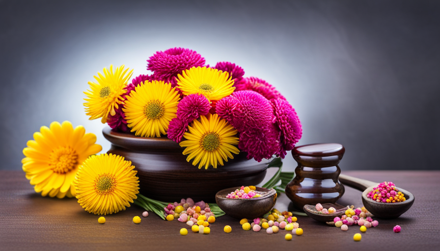 An image showcasing the vibrant yellow and pink hues of helichrysum flowers, delicately arranged in a glass jar alongside a mortar and pestle, a dropper bottle, and various ingredients used in helichrysum essential oil recipes