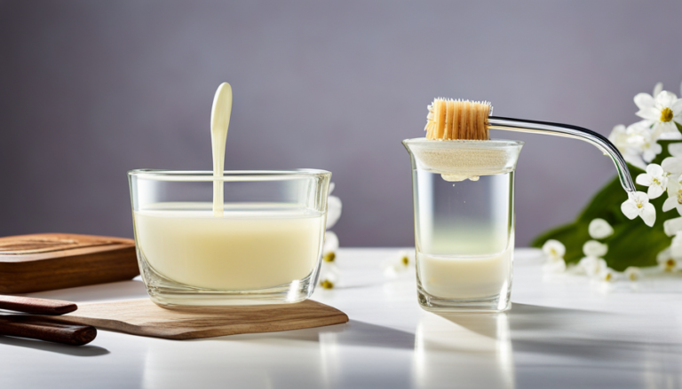 An image showcasing a clear glass measuring cup filled with a batch of freshly made soap, while delicate droplets of essential oil gracefully fall from a pipette, capturing the process of adding the perfect amount of fragrance