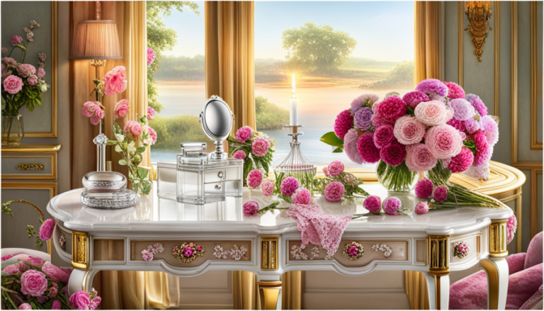 An image showcasing a beautifully adorned dressing table with a crystal perfume bottle, surrounded by vibrant blooming flowers, delicate lace, and a softly glowing candle, evoking a sense of elegance and serenity