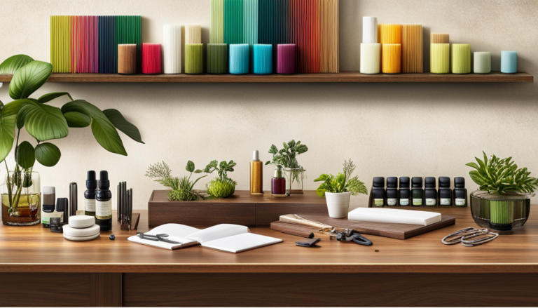 An image showcasing a serene workspace with a table adorned with various essential oil bottles, a pair of scissors, colorful patterned paper, a glue stick, and an assortment of beautifully designed labels ready for application