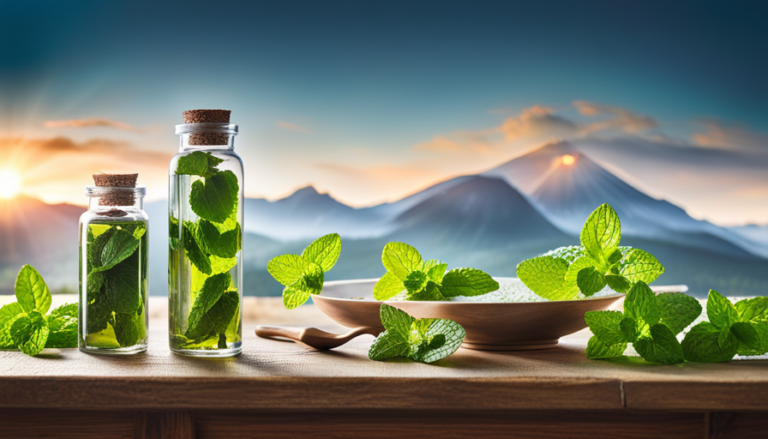 An image showcasing the step-by-step process of making mint essential oil: a bundle of fresh mint leaves being carefully washed, then crushed and placed in a glass jar filled with oil, before being left to infuse under sunlight for a few weeks