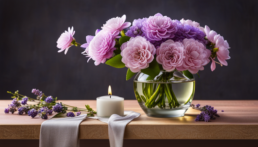 An image showcasing a serene scene with a bouquet of blooming jasmine flowers surrounded by a variety of complementary aromatic oils, such as lavender, ylang-ylang, and sandalwood, symbolizing the harmonious blending of scents