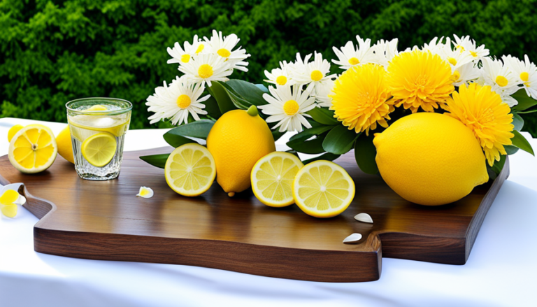 An image showcasing a rustic wooden table adorned with a vibrant yellow lemon-themed centerpiece