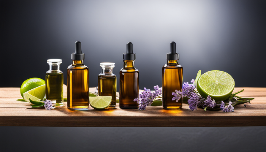 An image of a serene spa setting with a wooden table adorned with various essential oil bottles