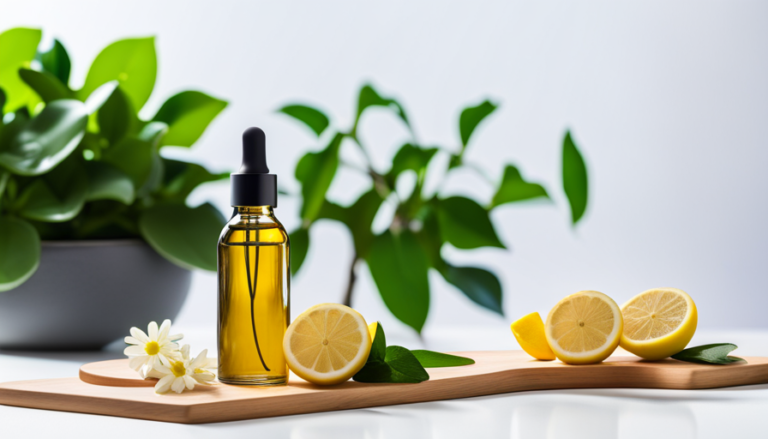 An image capturing the serene ambiance of a spa setting, featuring a glass bottle of May Chang essential oil surrounded by fresh lemon slices, vibrant green leaves, and a soft diffused light