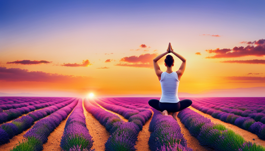 An image depicting a serene scene with a glowing sunset over a tranquil lavender field, where a person is peacefully practicing yoga, surrounded by diffused Peace and Calming essential oil mist