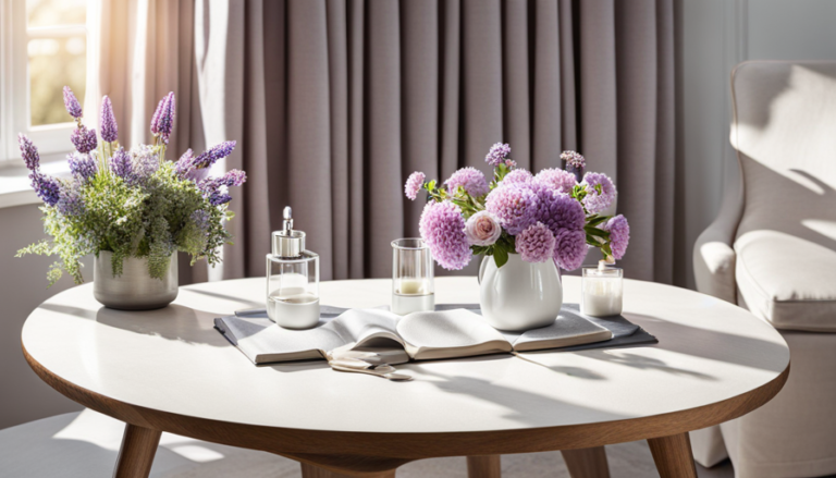 An image of a serene, sunlit room with a cozy armchair, bathed in soft hues of lavender and chamomile