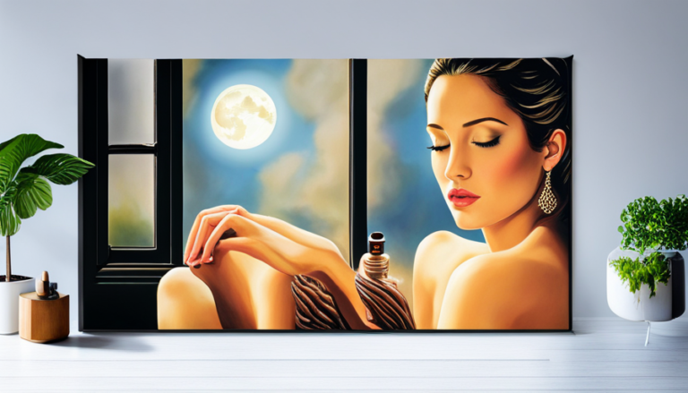 An image depicting a serene woman inhaling the soothing aroma of Rutavala essential oil as moonlight filters through a window, casting a soft glow on her tranquil face