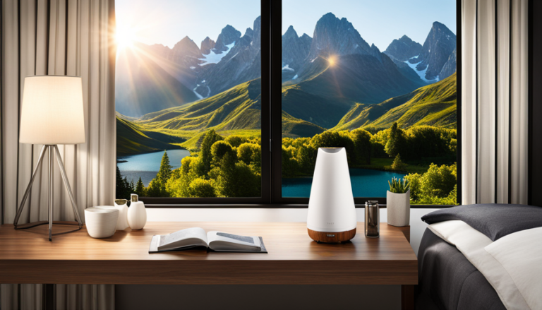 An image showcasing a serene bedroom with a sleek, ceramic essential oil diffuser on a bedside table