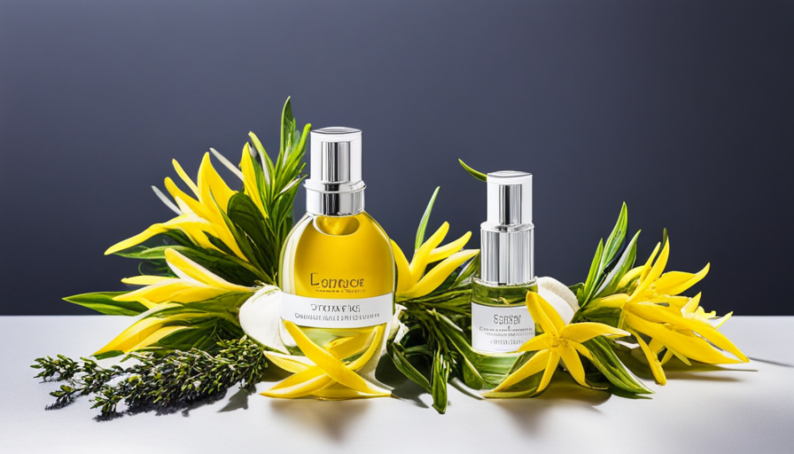 An image showcasing a bouquet of vibrant yellow ylang-ylang flowers intertwined with delicate jasmine blossoms, soothing lavender sprigs, and zesty citrus fruits, perfectly capturing the harmonious blending potential of ylang-ylang essential oil